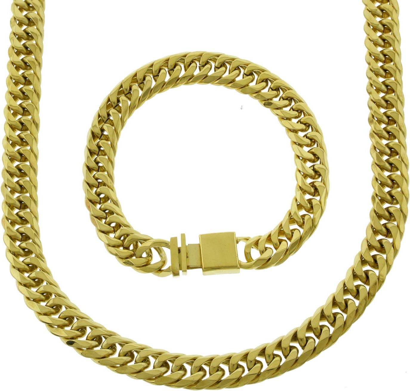 Mens Thick Tight Link Yellow Gold Finish Solid Stainless Steel 12mm Miami Cuban Link Chain/Bracelet Box Lock 20-30 inches Bracelet 8-10 inches