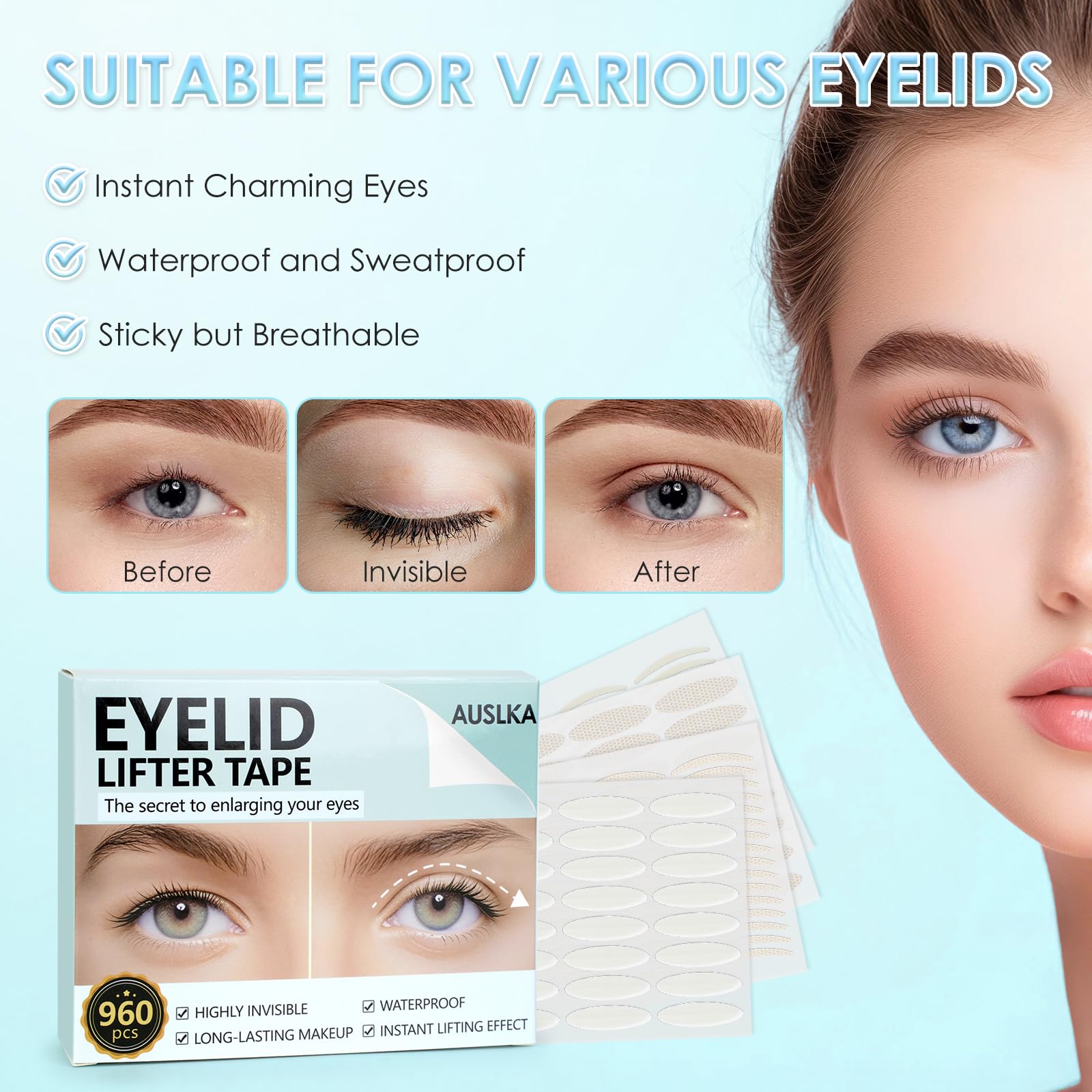 AUSLKA Eyelid Tape Eyelid Lift Strips (960 Pcs) 4 Types, Double Eyelid Tape for Loose Eyelids Single Eyelids Big Eye Effect - Image 3