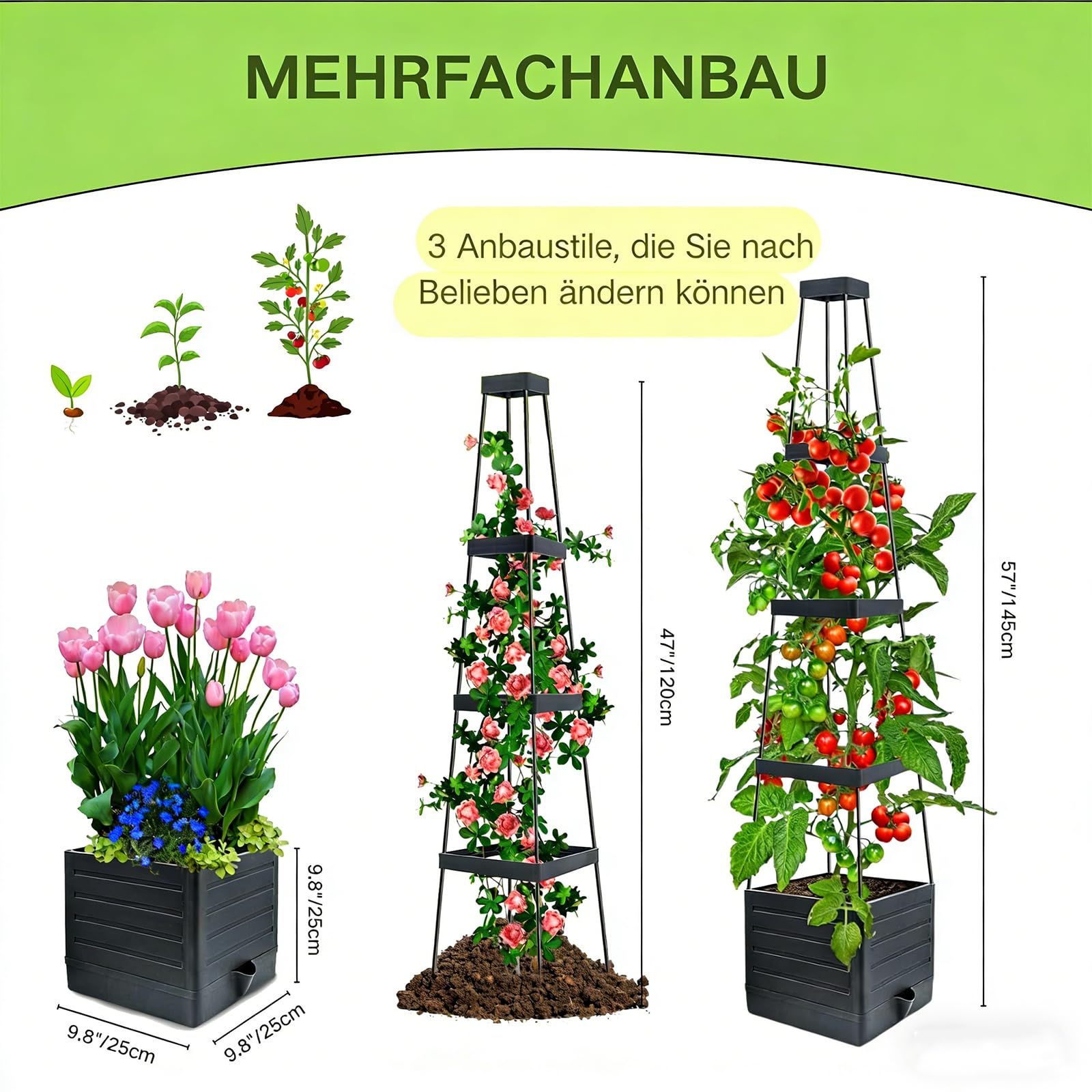 Griglia autoirrigante per piante rampicanti – Supporto regolabile per pomodori, cetrioli, piselli e fiori, fioriere rimovibili, per interni ed esterni, set da 2
