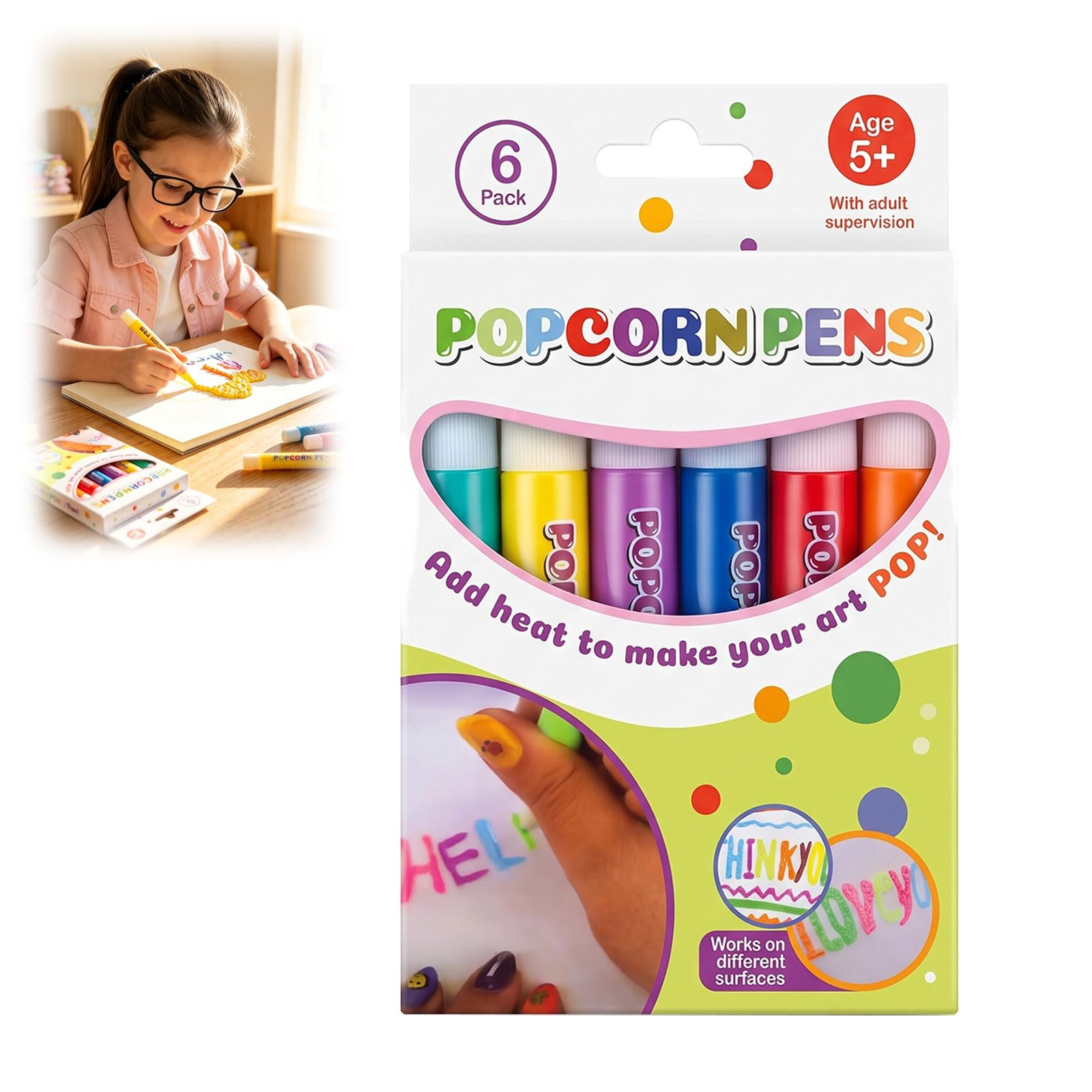 Popcorn Pens for Kids, 6Pcs 3D Bubble Popcorn Drawing Pens, Puffy Magic Ink Pens for DIY Art Crafts, Creative Drawing Kit for Birthday Cards & School Projects (1pcs)
