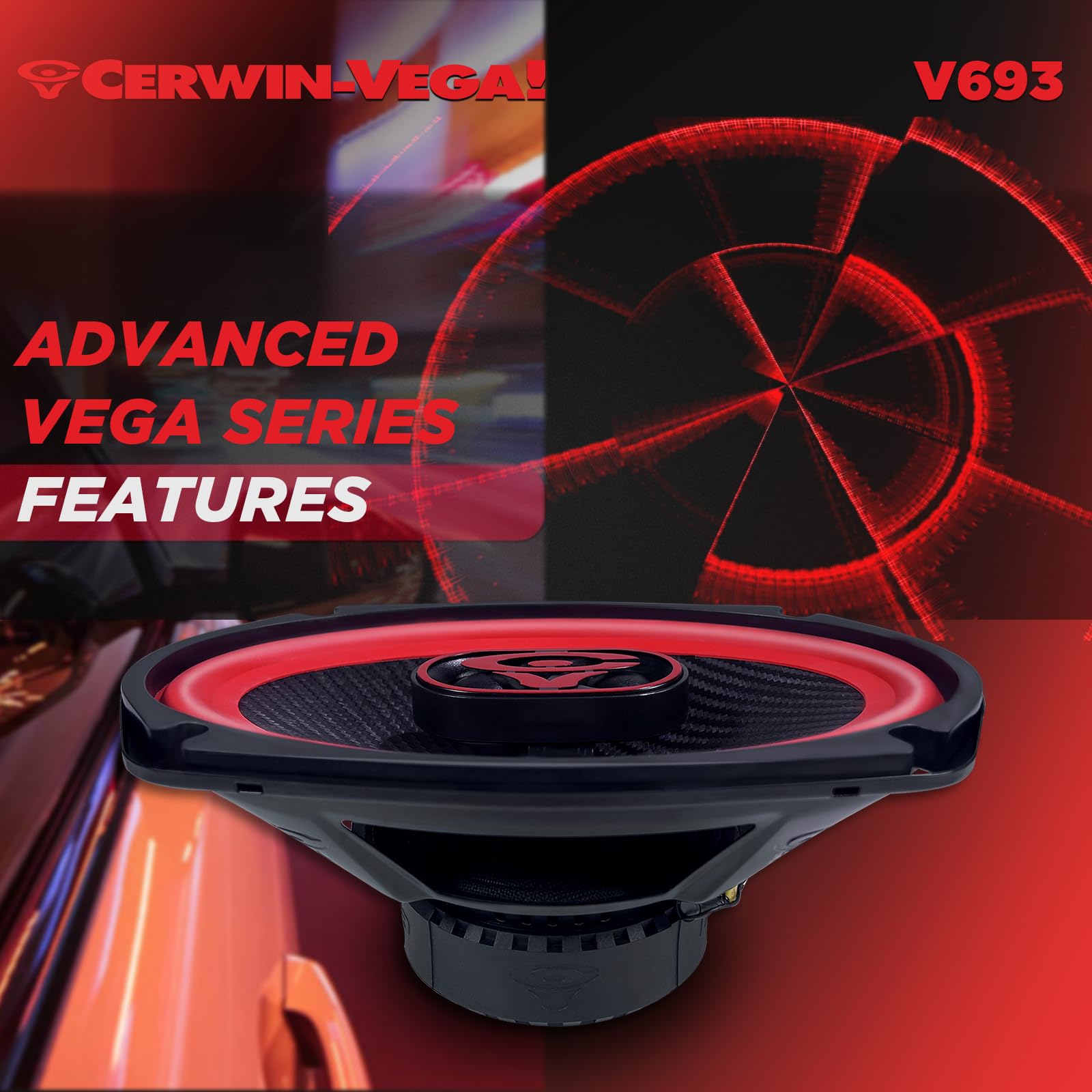 CERWIN-VEGA! V693 - Altoparlante coassiale auto a 3 vie, 15,2 x 22,9 cm, 420 Watt, colore: Nero + Rosso