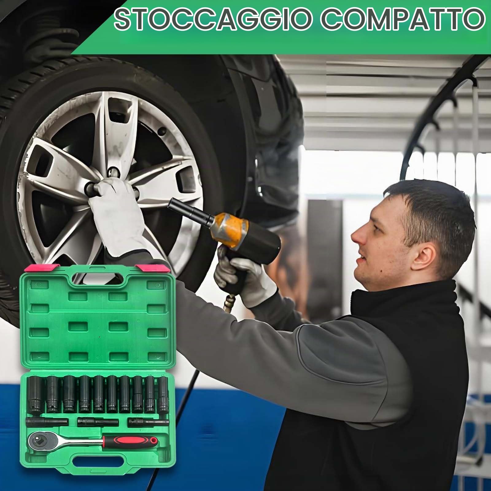 Set di 14 Pezzi Chiave a Bussola Lunga 1/2" Pollice (8-24mm) con Cricchetto e Valigetta, Kit Chiavi a Bussola, Set Bussole a Impatto 1/2" per Riparazioni Auto, Cambio Gomme