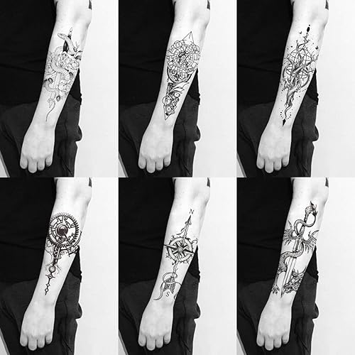 Miniatura 3 de 8 hojas de flecha negra brújula plumas dragón ancla espada serpiente árbol flor tatuajes temporales para brazo