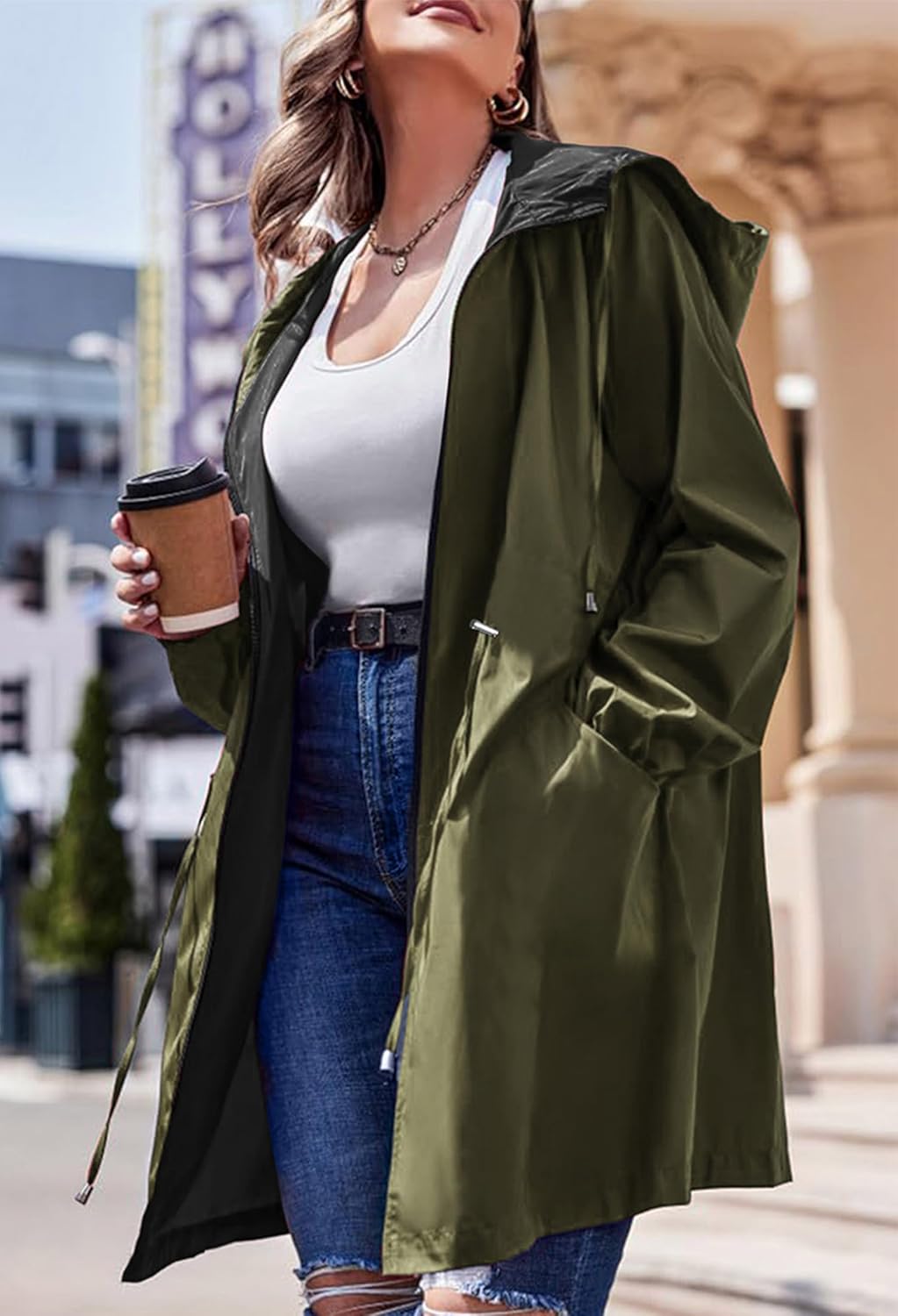 AOVDE Women's Rain Jacket Plus Size: Waterproof Raincoat Reversible Lightweight Windbreaker Jackets with Hooded - Image 3