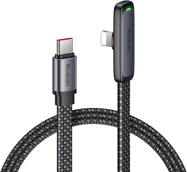 Mcdodo Type-C Lightning Cable, PD 36W Fast Charging, Ultra Thin, Right Angle, i-Phone 14 Charging Cable, Built-in Dual Core Protective Chip, Fast Data Transfer, LED Light, L-Shape, USB-C Lightning