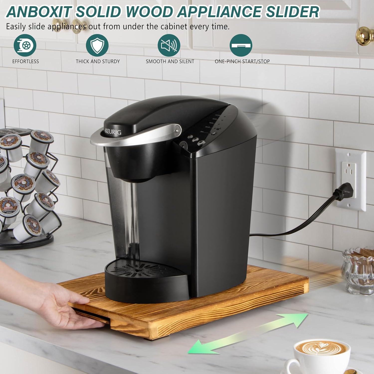 Appliance Slider, Wooden Sliding Tray for Coffee Maker, Coffee Pot Slider for Counter, Kitchen Caddy Rolling Tray (Classic Black- Wide)