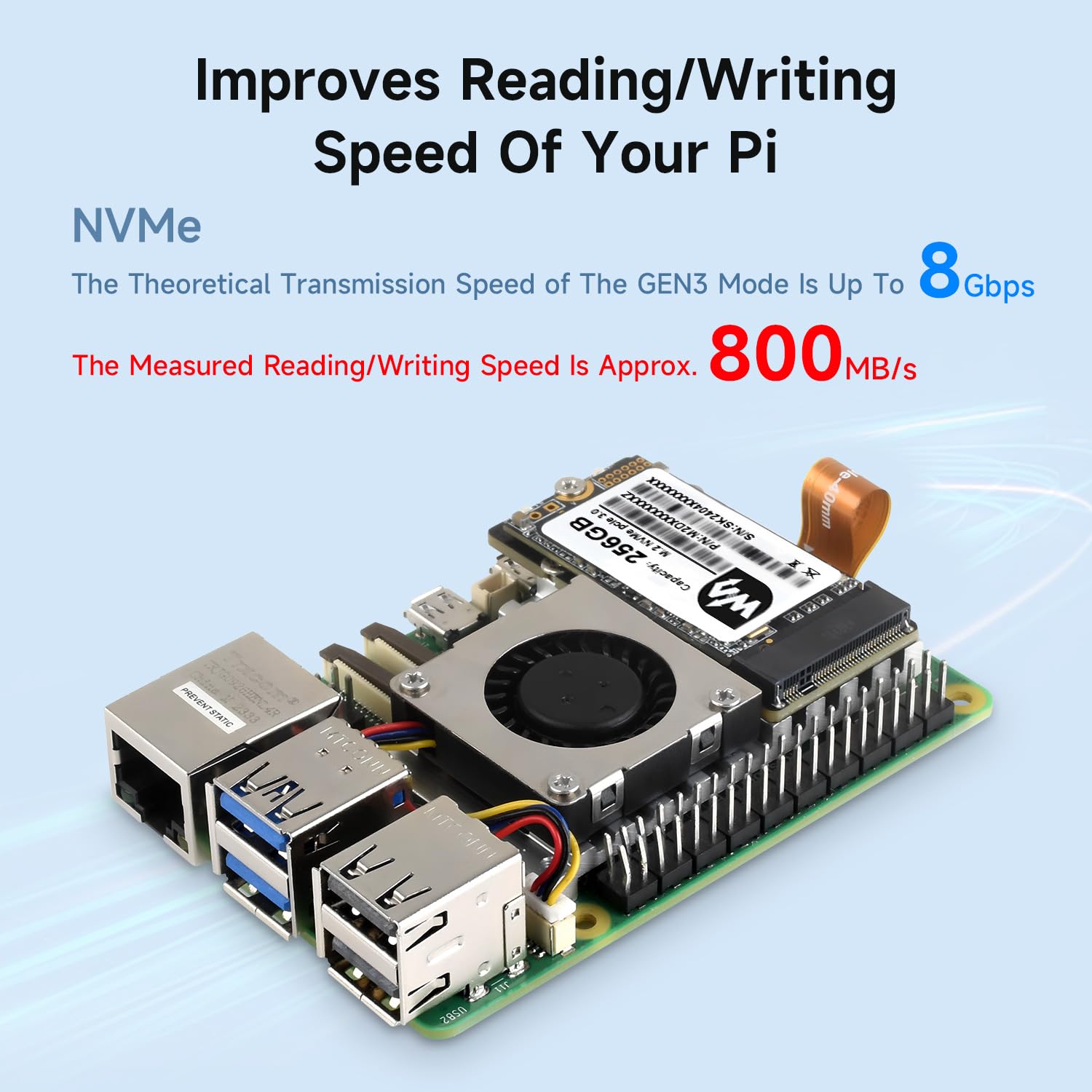 Waveshare PCIe to M.2 Adapter Board (E) For Raspberry Pi 5, With Cooling Fan, Compatible With 2242/2230 NVMe Protocol M.2 Solid State Drive, 8Gbps Data Rate, High-Speed Reading/Writing, Pi 5 NVMe