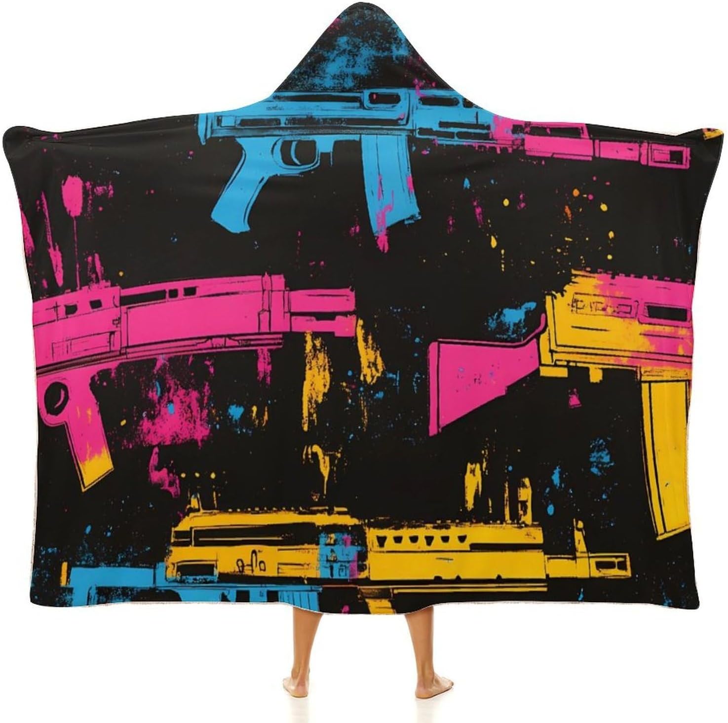 Artistic Splatter Machine Guns Fashion Wearable Blanket Hoodie Fleece Throw Cloak Robe Unisex