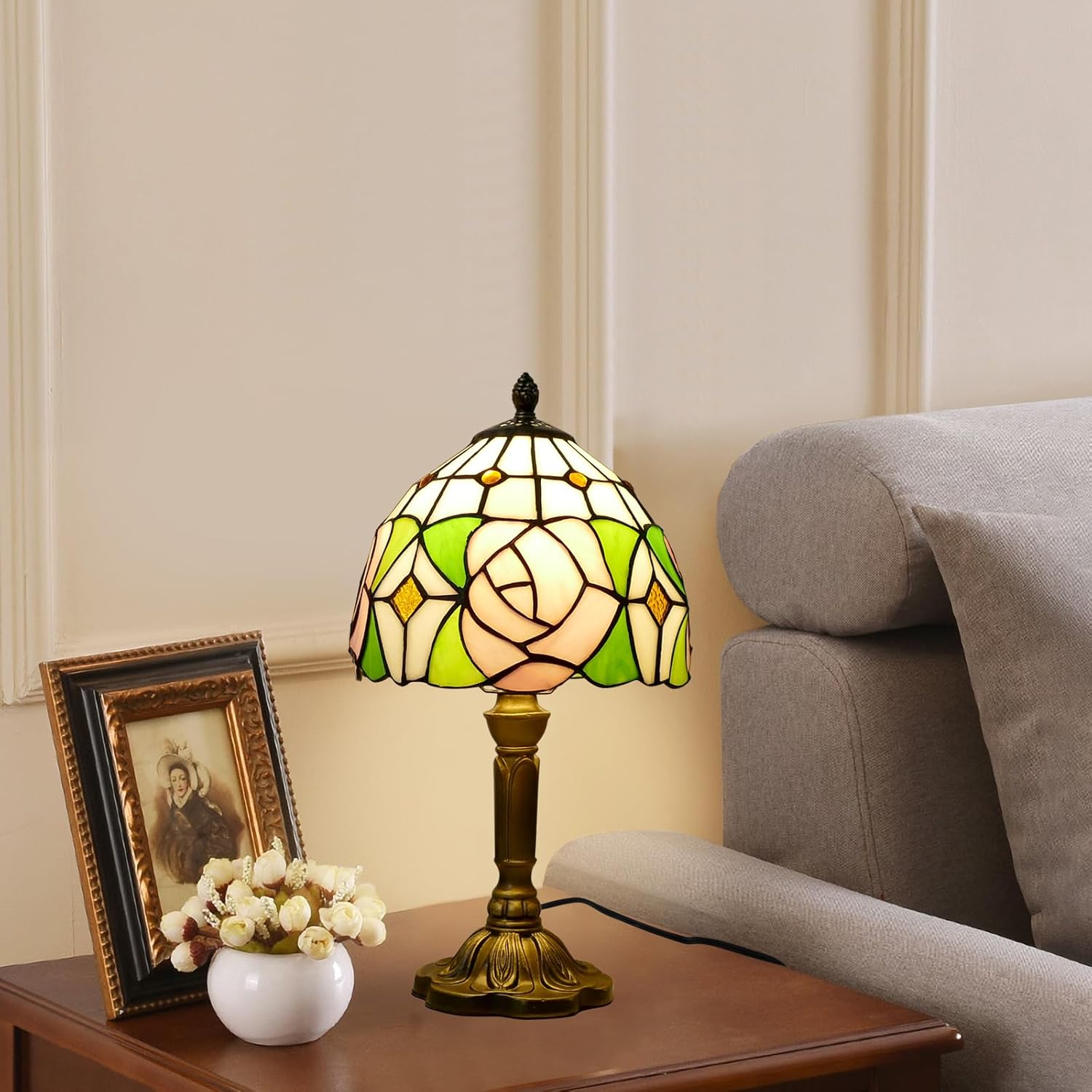 Pink Rose Style Tiffany Table Lamp Handmade Stained Glass Bedside Table Lamp Desk Reading Light 8" Wide 14" Tall for Small Space Bedroom Home Office with LED Bulb