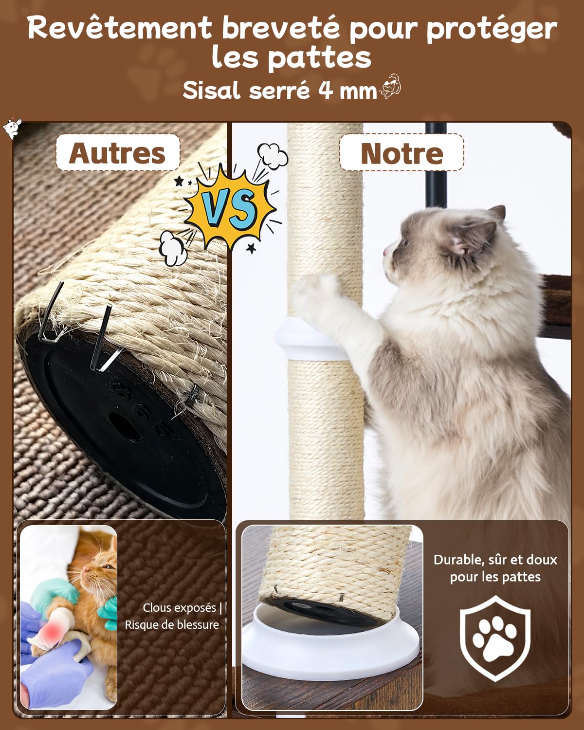 FourFurPets Arbre à Chat Bois 188 cm, Arbre à Chat avec Griffoir et 5 Poteaux Griffoir Chat, Tour Moderne avec Condo, Panier et Peigne de Massage pour Grands Chats, Stable et Design (Marron Rustique)