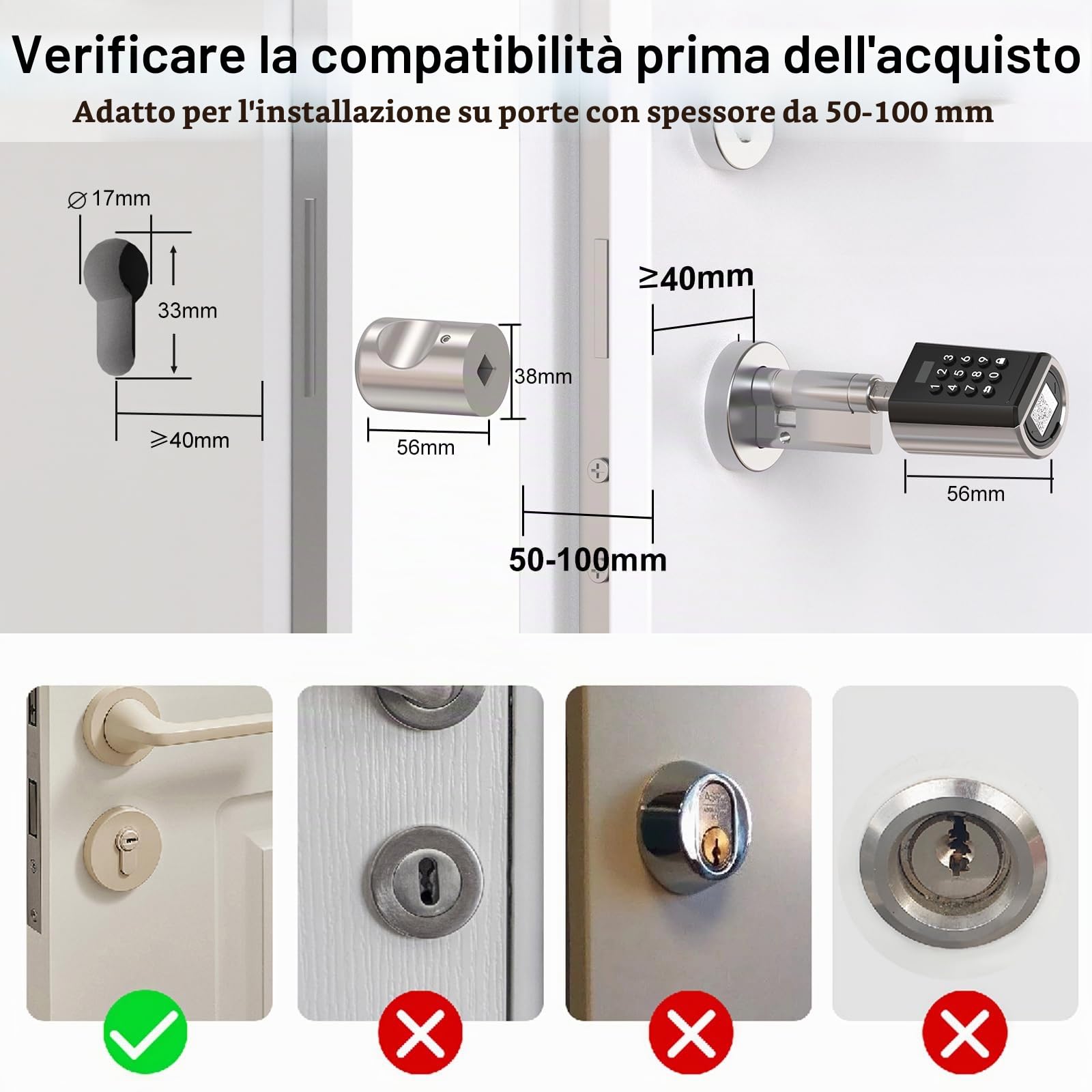 WELCOK Serratura Intelligente con Combinazione, Sblocco Bluetooth & APP, Serratura Elettronica Universale per Porte Interne Spessore 50-100 mm, Installazione Semplice, per Casa, Ufficio