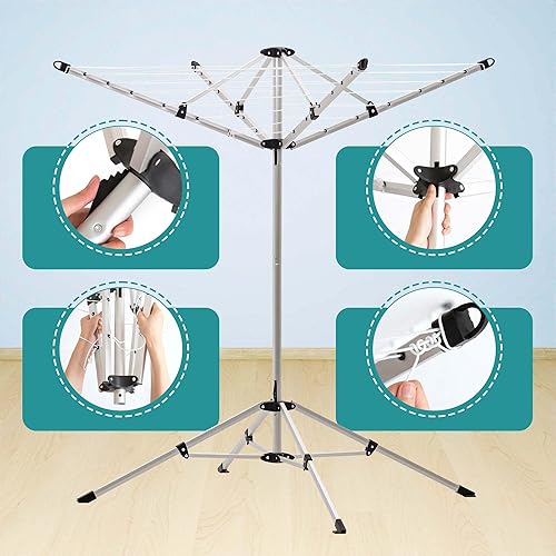 Miniatura 5 de JS HANGER Estante de secado de ropa portátil para interiores y exteriores con 4 brazos giratorios para perchas, 4 patas, paraguas plegable, secadora