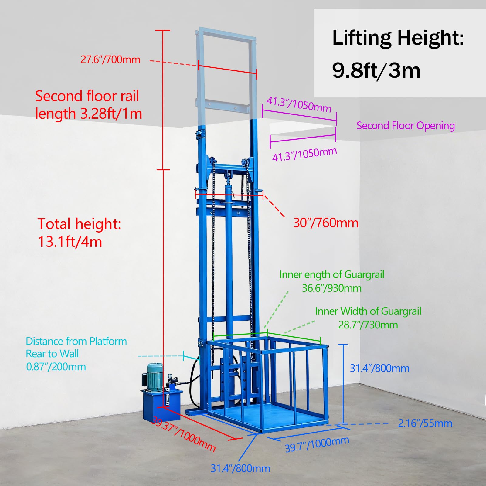 Plataforma elevadora hidráulica eléctrica 1t/2200lb, altura 2–10m, de pared con barandillas, montacargas para hogar, almacén, fábrica(Black,9.8FT/3M Height)