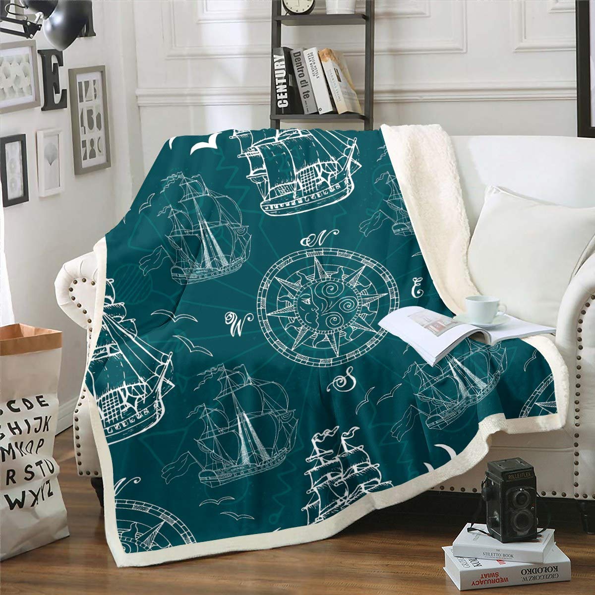 Loussiesd Compass Print Throw Blanket Nautical Theme Bdding Set Sailboat Pattern Plush Blanket for Chair Sofa Couch Microfiber Ocean Voyage Sea Adventure Room Decor Reversible Single 50"x60"
