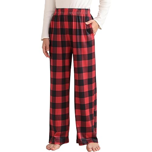 Girls Plaid Pants Wide Leg Elastic Waist Bottoms with Pockets Casual Trousers for Teens 4-14 Years