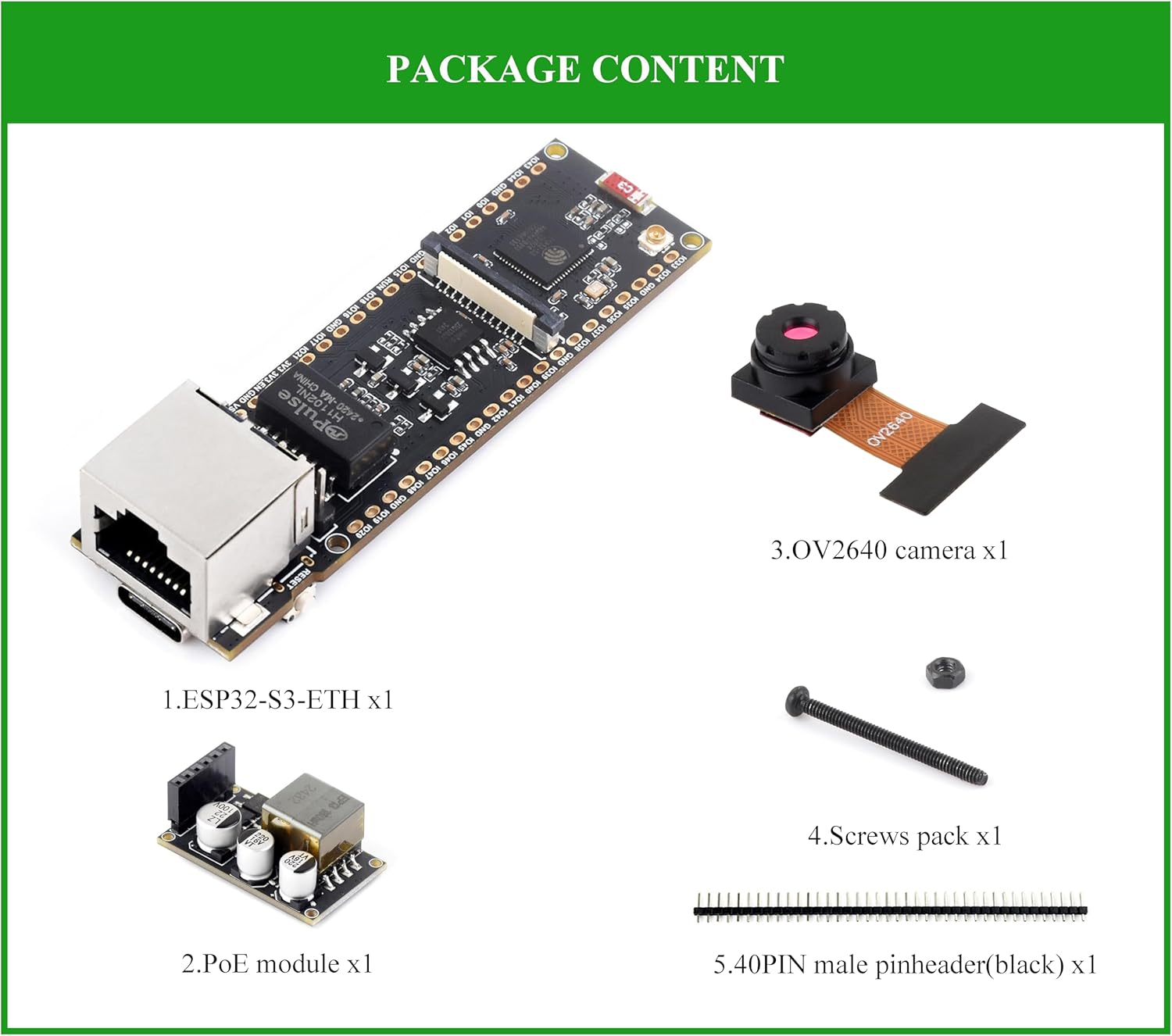 ESP32-S3 Ethernet Development Board, 10/100Mbps RJ45 ETH Port, Support WiFi & BLE, Ethernet Communication, 240MHz Dual Core Processor, Onboard Type-C Port, with PoE Module+ OV2640 Camera