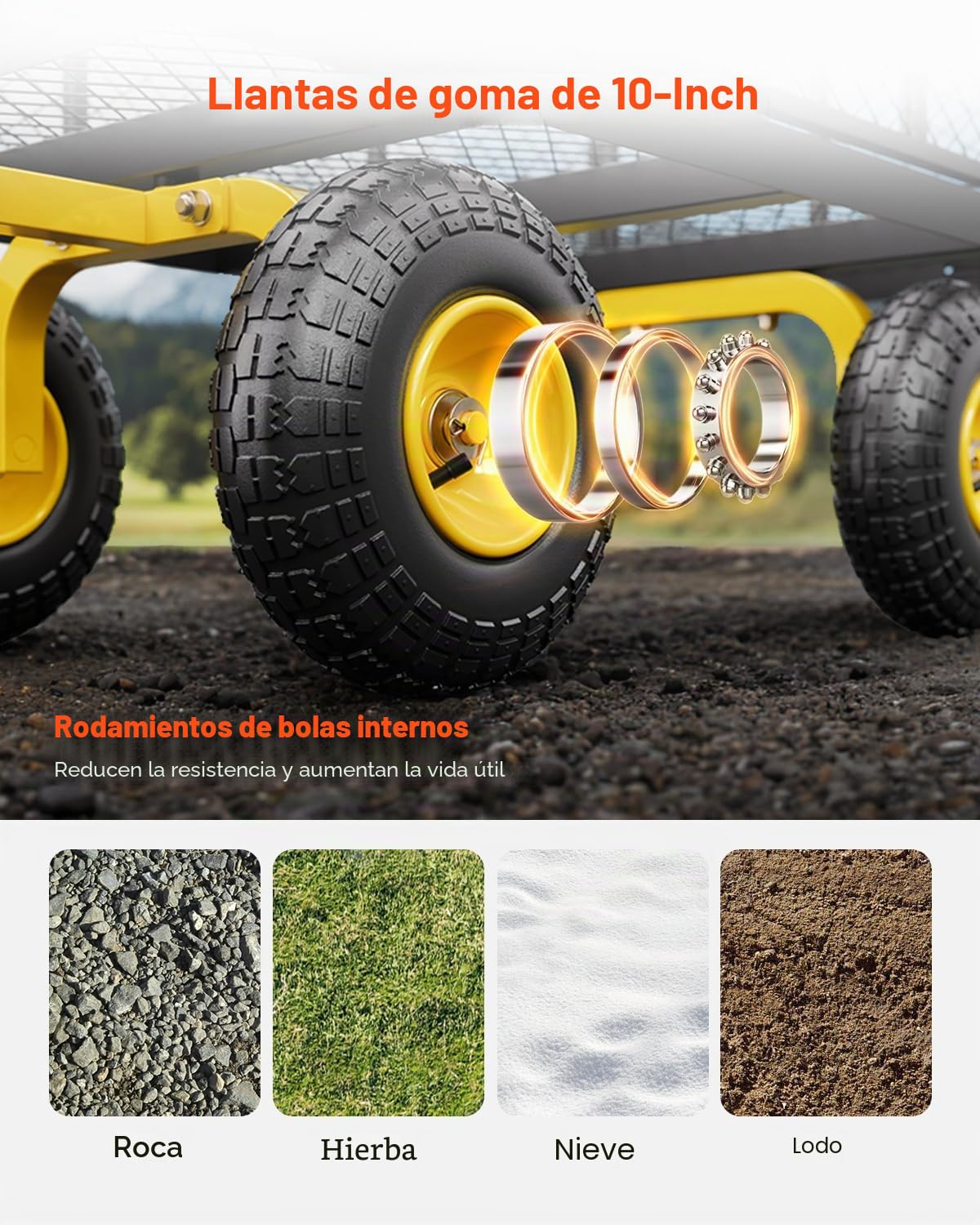 VEVOR Carrito Resistente de Jardín de Acero de 1700 x 480 x 515 mm con Neumáticos de 10", Laterales de Malla Extraíbles y Manija Giratoria de 180°, Capacidad de Carga de 226,80 kg, Amarillo y Negro