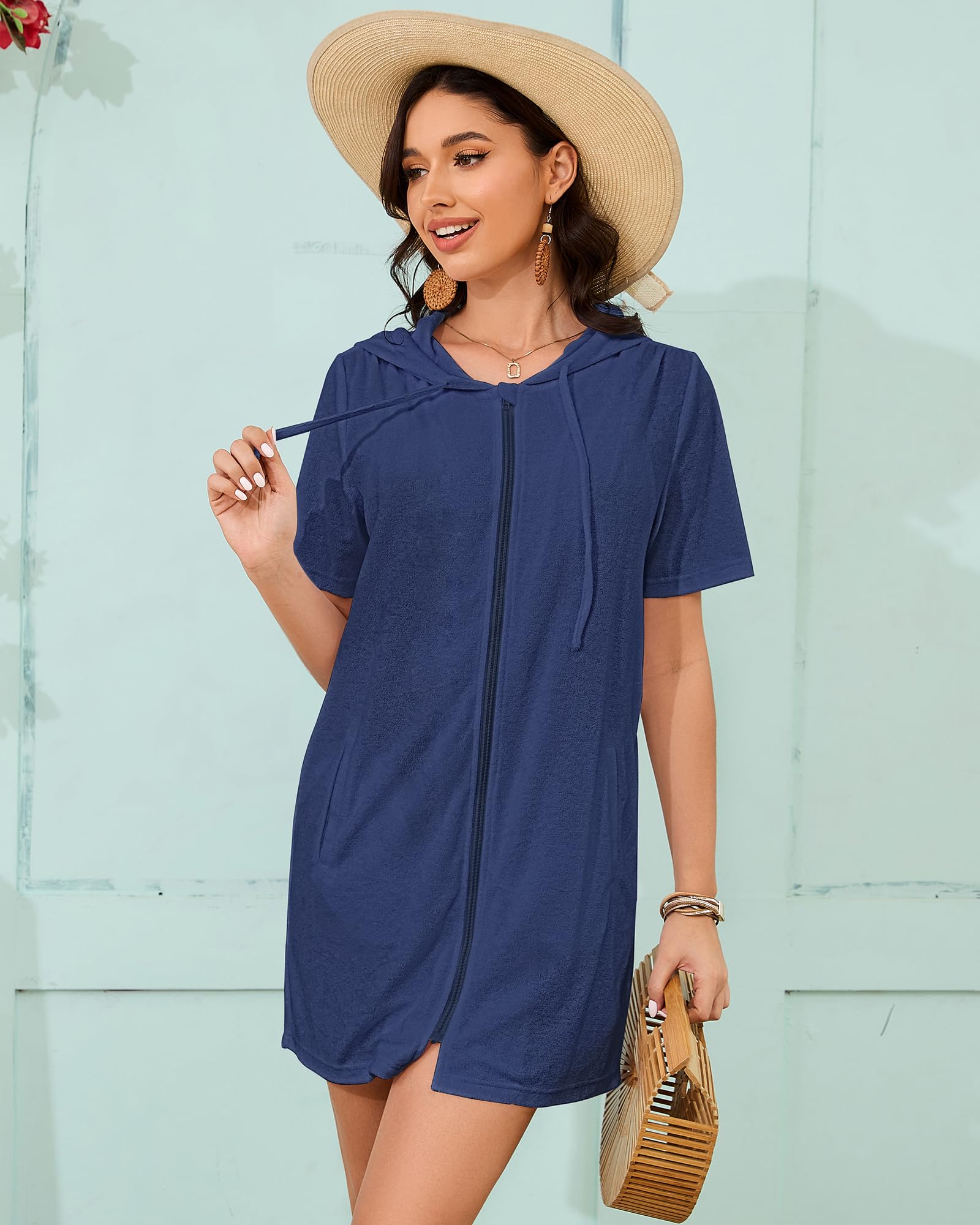 Bsubseach Cubierta de tela de rizo, para mujer, con cremallera, con capucha, para playa, con bolsillos