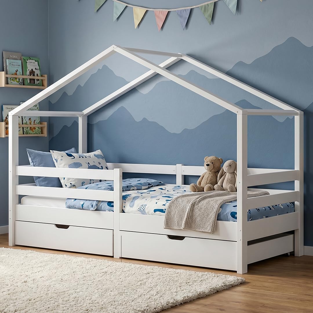 Bellabino Abia Kinderbett 90x200 cm – Hausbett mit Rausfallschutz, Lattenrost und 2 Schubladen – Montessori Kinder Bett aus Massivholz Kiefer für Jungen und Mädchen in Weiß