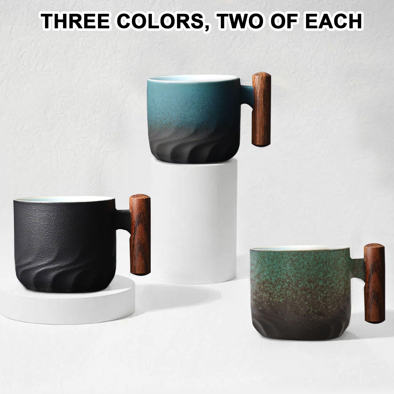 Lot de 6 Tasses à Expresso (6 x 70 ml) Tasse a Cafe Céramique Tasse Expresso avec Anse en Bois, Ensemble Tasse a Cafe Petite Tasse à Café pour Espresso, Thé (Lot de 6 - Noir Bleu Vert)
