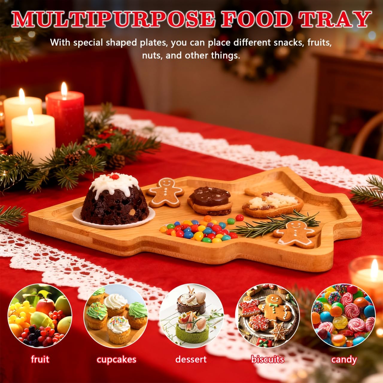 TENDYCOCO Bamboo Christmas Serving Tray Cartoon Dining Plate 11X8 Inch Home Dish Salad Plate for Holiday Dinner Party Sushi Presentation - Image 2