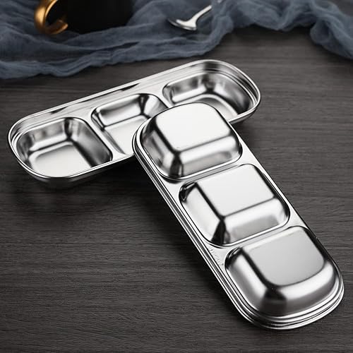 Miniatura 4 de CHWAIKA 6 cuencos de acero inoxidable para salsa de soja, 3 rejillas, platos de salsa divididos, guarniciones para salsa de soja, salsa de tomate,