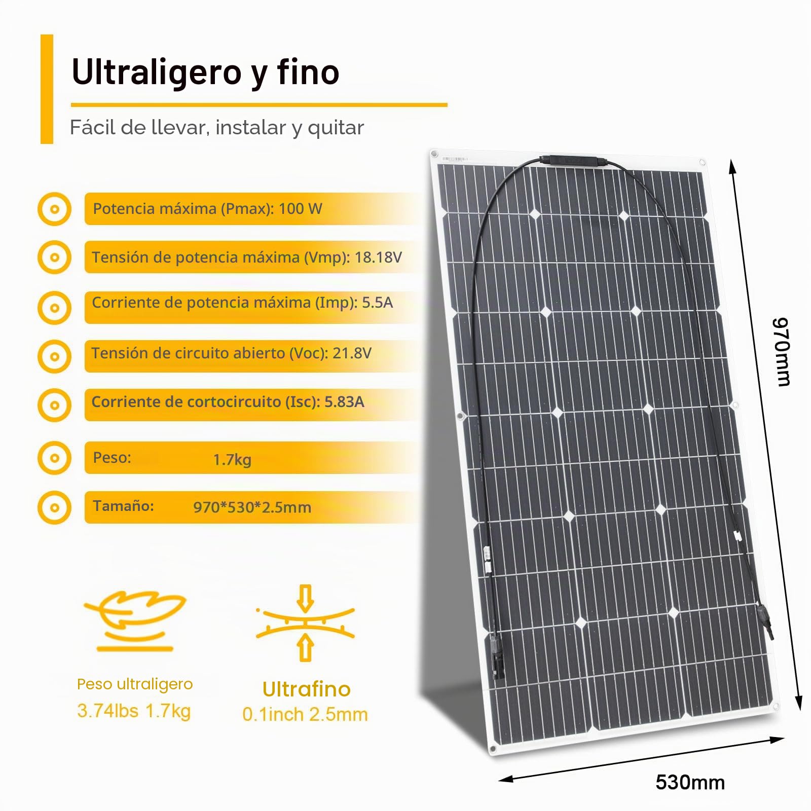 100W Placa Solar Flexible Panel Solar Ideal para Sistemas Aislados la Red Actividades al Aire Libre