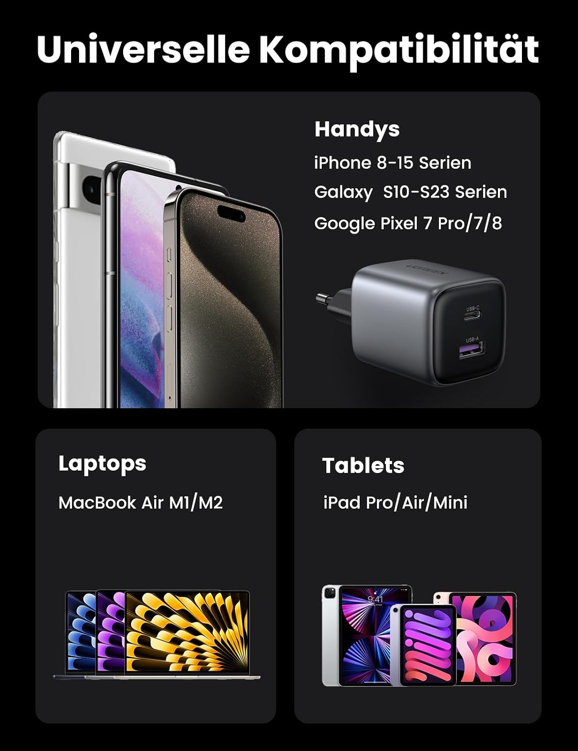 UGREEN Carregador GaN Nexode USB C de 35 W, Carregador iPhone Samsung USB A de 22,5 W compatível com Galaxy S24/S23 Ultra, Pixel 8 7 Pro 6 6a, iPhone 15/14/13, iPad Pro/Air/Mini, MacBook Air M2 preto