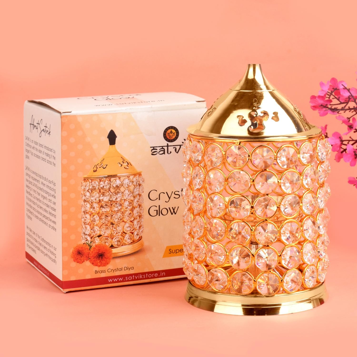 Satvik 8 Inch Crystal Glow Akhand Diya Diwali Gift/Diwali Deepawali Decoration Brass Decorative Crystal Oil Lamp Tea Light Holder Lantern Oval Shape | Puja Lamp Indian Housewarming Gift Item