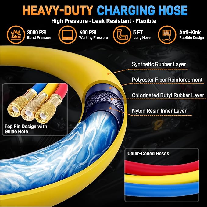 Juego de Manómetros para AC de Auto, Kit de Recarga R134a R12 R22 R502 con 5 Pies de Mangueras miniatura 4