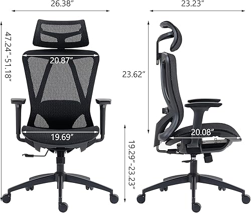 Vista 2 de Silla de oficina ergonómica de malla, silla ejecutiva de respaldo alto con reposacabezas ajustable y soporte lumbar, gris, 26.38 x 23.23 x 47.24