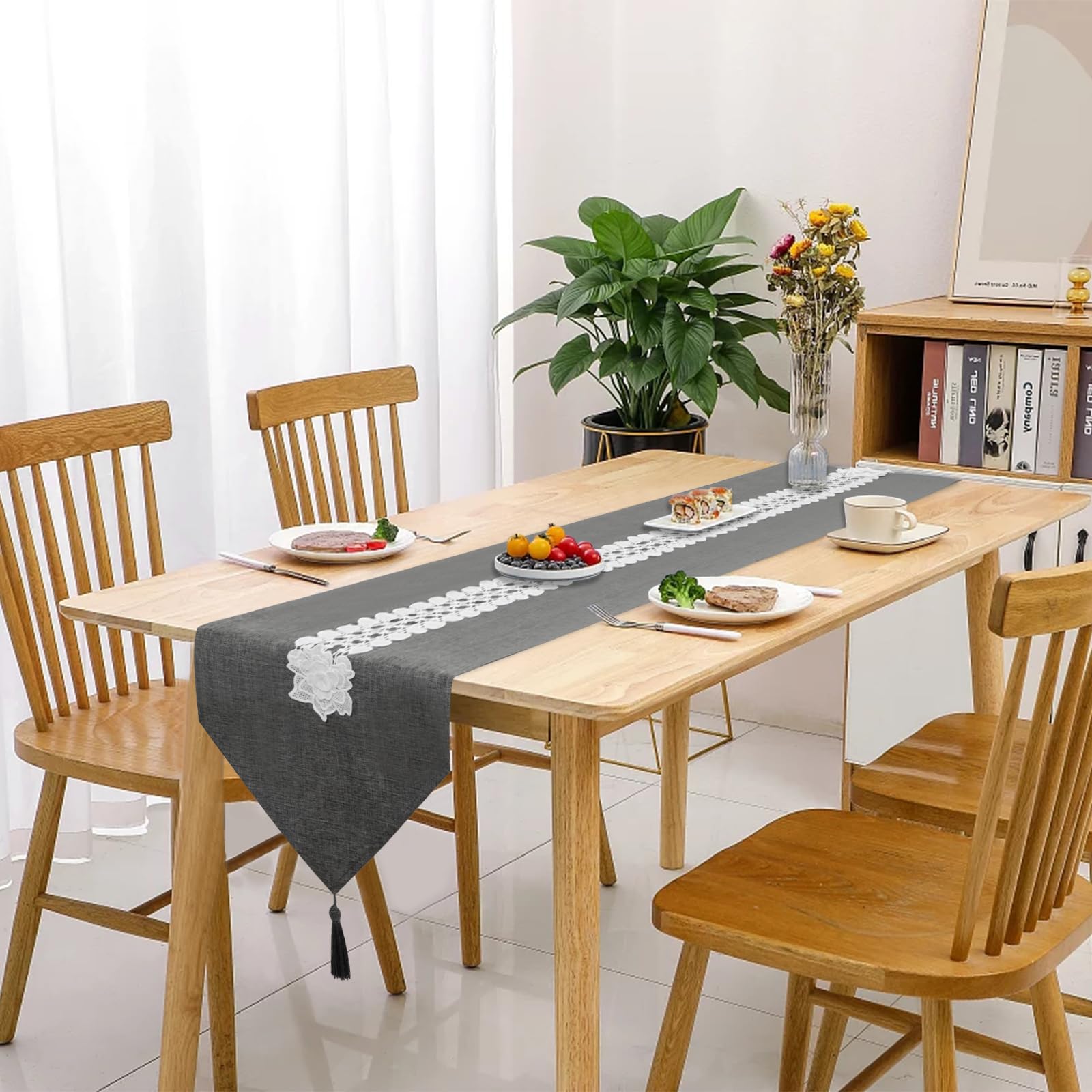 SANLEHAUSE Tischläufer Grau – 40x220 Cm, Leinenoptik Mit Stickerei & Quasten, Pflegeleicht