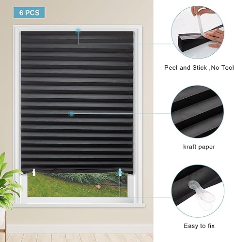 Vista 6 de MYshade Paquete de 6 persianas de papel opacas temporales para ventanas, persianas plisadas de papel con adhesivo, sin herramientas, sin Negro