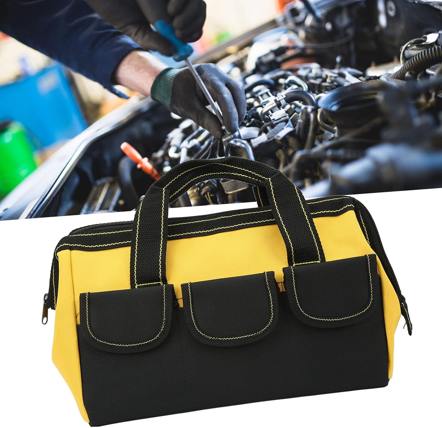 16 Inch Duty Tool Storage Bag With 5 Pockets Wide Mouth Open Top Design 1680D Oxford Cloth Sturdy Zipper Comfortable Handle For Electricians Home Workshop Workplace Portable Tool B (Yellow)