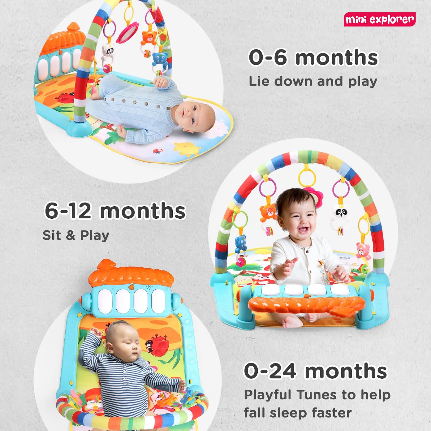 MiniExplorer Play Mat for Babies 0-12 Months | Play Gym for Babies 0-12 Months with Kick & Play Piano | Baby Play Mat 0-2 Years | Newborn Toys 0-6 Months | Baby Gym Mat with Hanging Toys 4