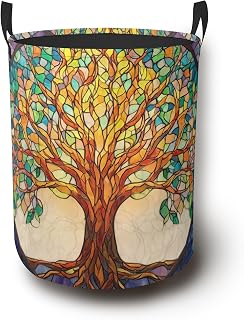 Tree of Life Laundry Basket,Colorful Foldable Oxford Cloth Laundry Hamper with Handles Waterproof Dirty Clothes Storage Basket for Bathroom Bedroom Dorm Room 16" x 20.8"