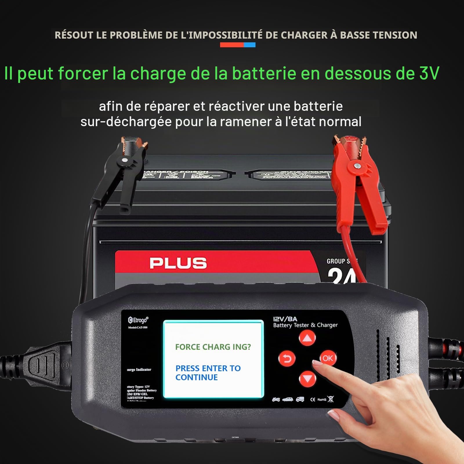 Etrogo Chargeur-Testeur de Batterie 2-en-1 Intelligent 12V | Universel AGM/EFB/LiFePO4 + Désulfatation • -20°C à 50°C pour Voitures, Camions, Bateaux