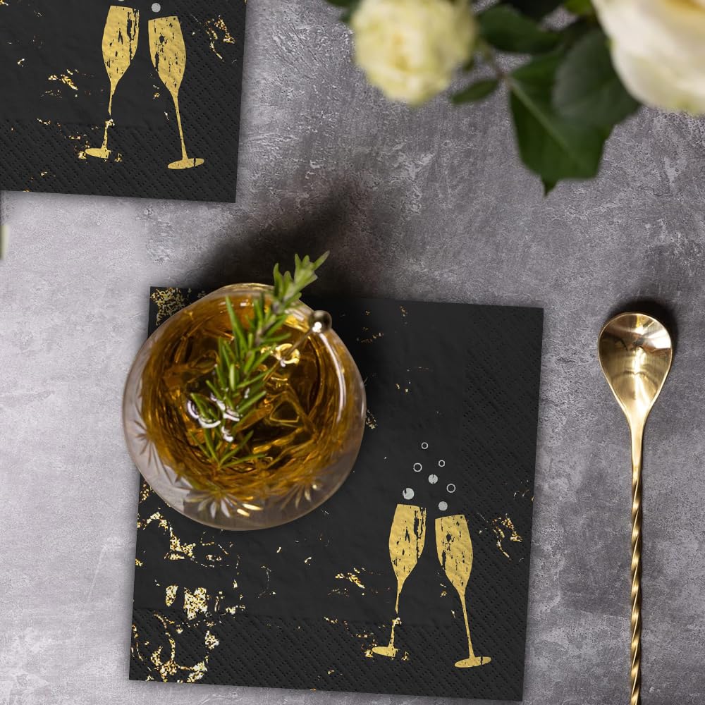 Papierservietten "Cheers For The New Year", Schwarz, 12,7 x 12,7 cm, 40 Stück, hochwertige und saugfähige Servietten, perfekt für Neujahrspartys und Veranstaltungen