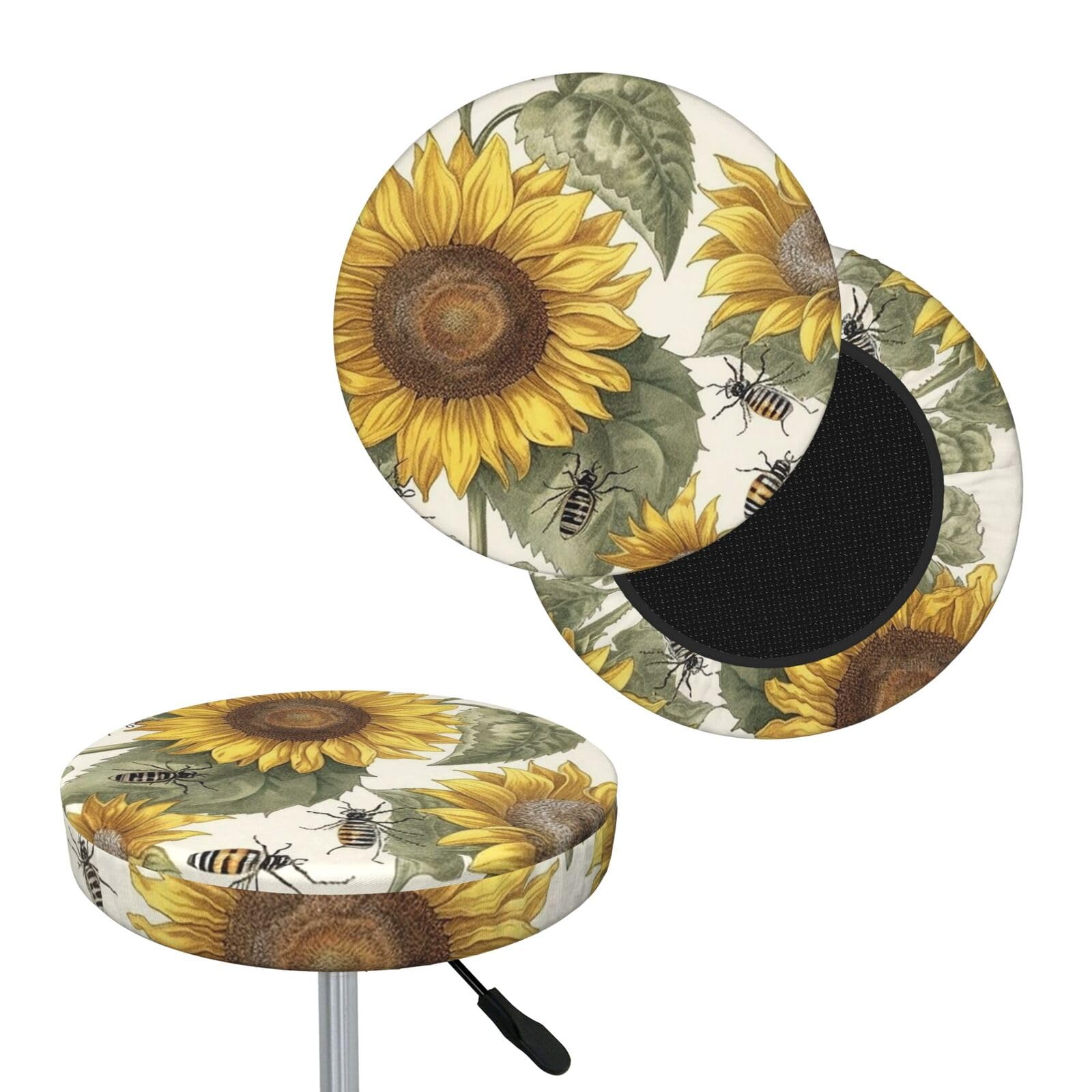 NONHAI Sunflowers and Insects Bar Stool Cover Round Elastic Stool Cushion Covers Dustproof Bar Chair Cover Washable Stool Cushion Slipcover Stretch Stool Seat Covers for 12-14 Inch Chair