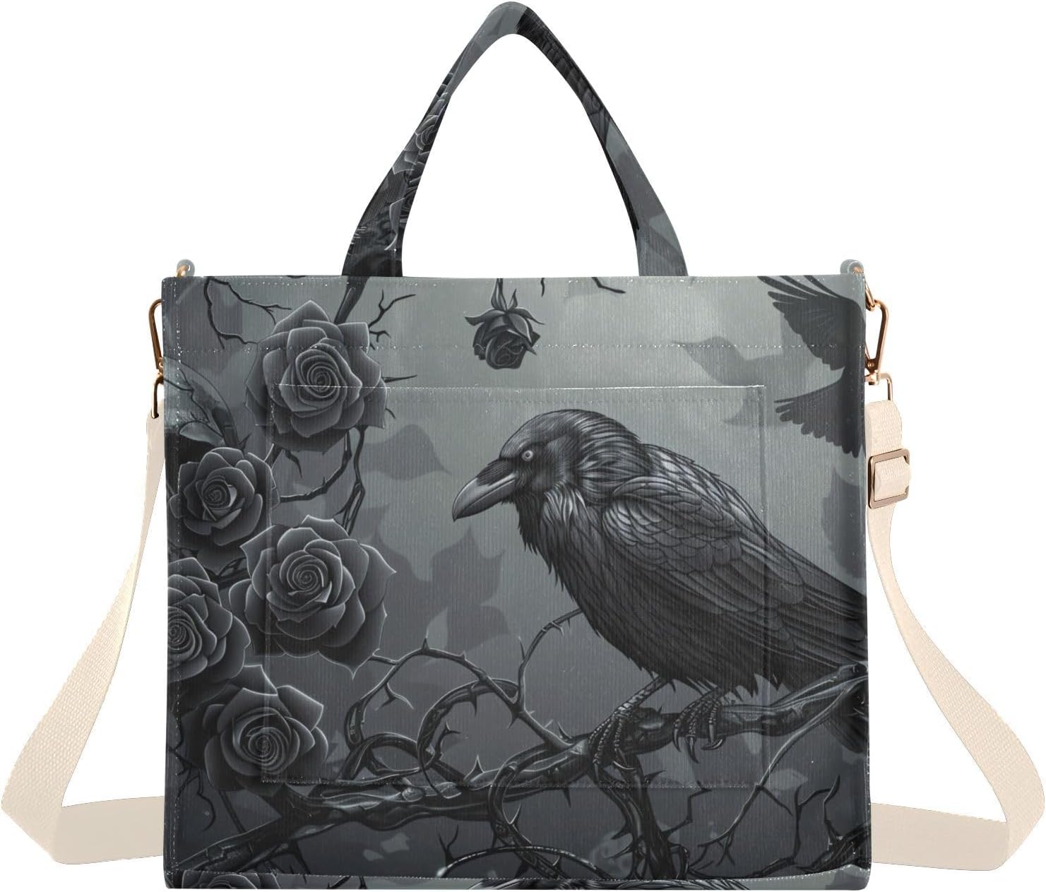 Gothic Raven Skull Tote Bag for Women Corduroy Handbag Purse Shoulder Bag with Detachable Strap Small Size