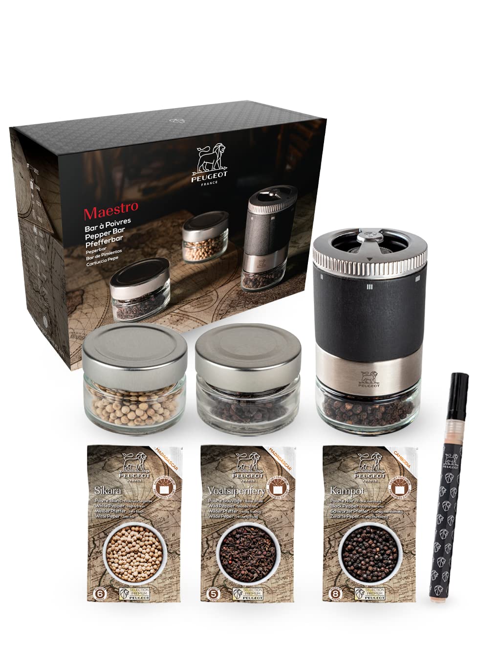 Maestro Pepper Bar - 10cm Pepper Mill with U'Select Adjustment - 3 Premium Peppercorns, 3 Interchangeable Empty Vials, Felt - Made in France - PEFC Wood & Stainless Steel - Graphite Color