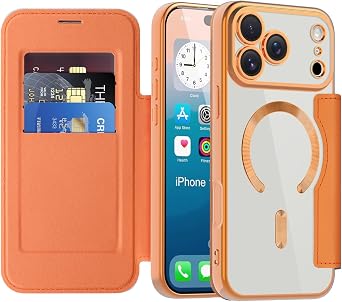 Magnetic Case for iPhone 17 Pro Max, Compatible with MagSafe, with RFID Blocking Credit Card Holder Transparent Back Shockproof Case for Apple iPhone 17 Pro Max 6.9". Orange JD