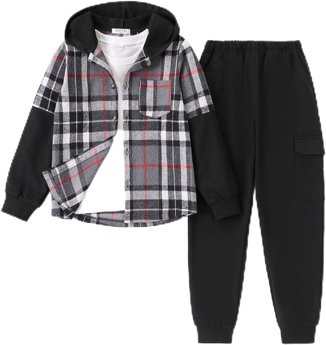2Pcs Boys Clothes Sweatsuit Set Hoodie Flannel Plaid Shirt and Jogger Pants for Kids Fall Winter Spring Outfits