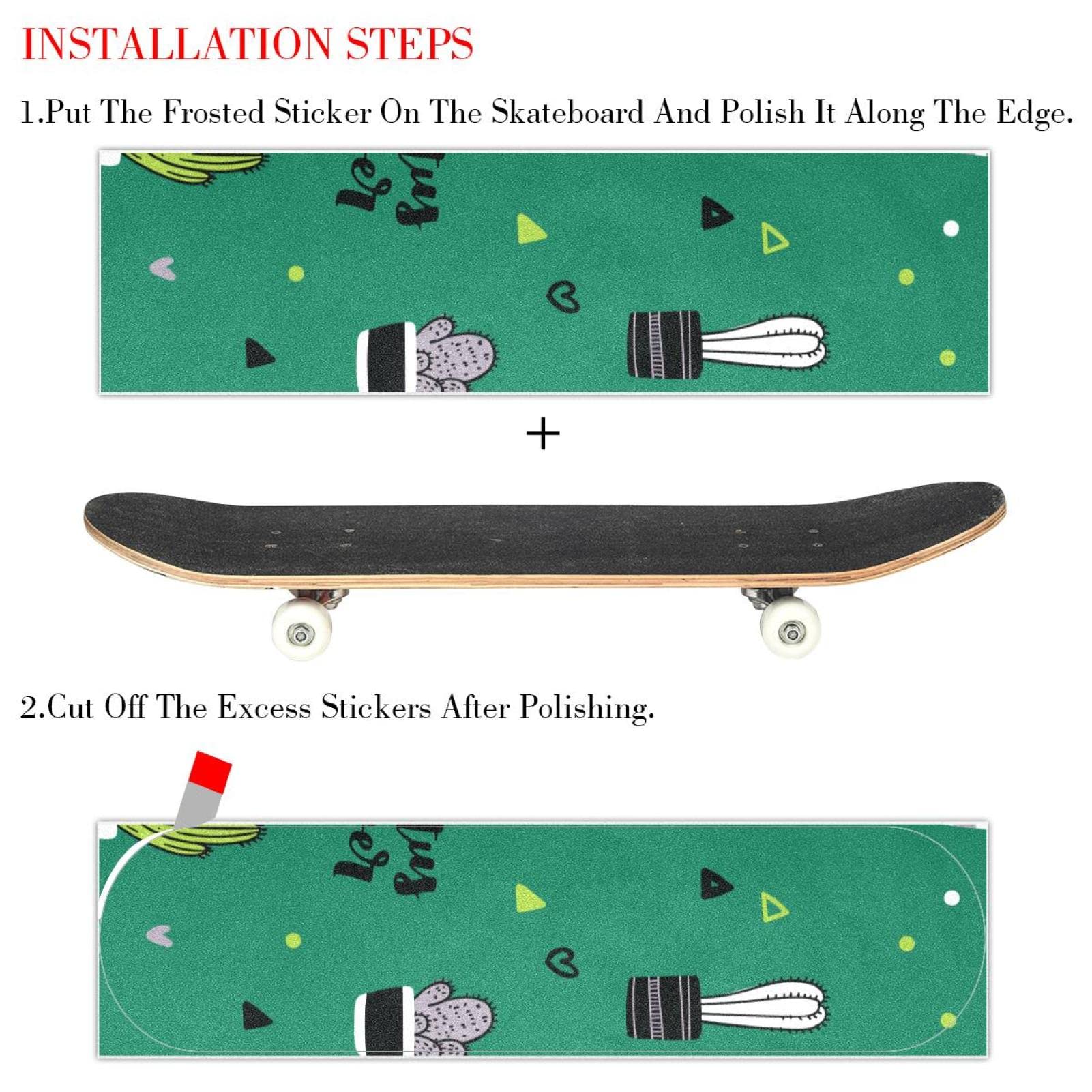 Lot de 2 feuilles de papier abrasif pour skateboard - Motif cactus - Blanc - Vert - Blanc
