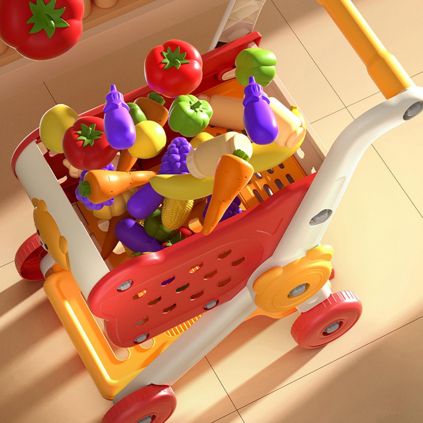 Shopping Cart for Kids, Grocery Cart Set Play Kitchen Accessories, Vegetable Fruit Educational Toys, Preschool Learning Tool, for Boys Girls Family Fun Role-Playing Use, 10.63x15.75x19.69 Inches