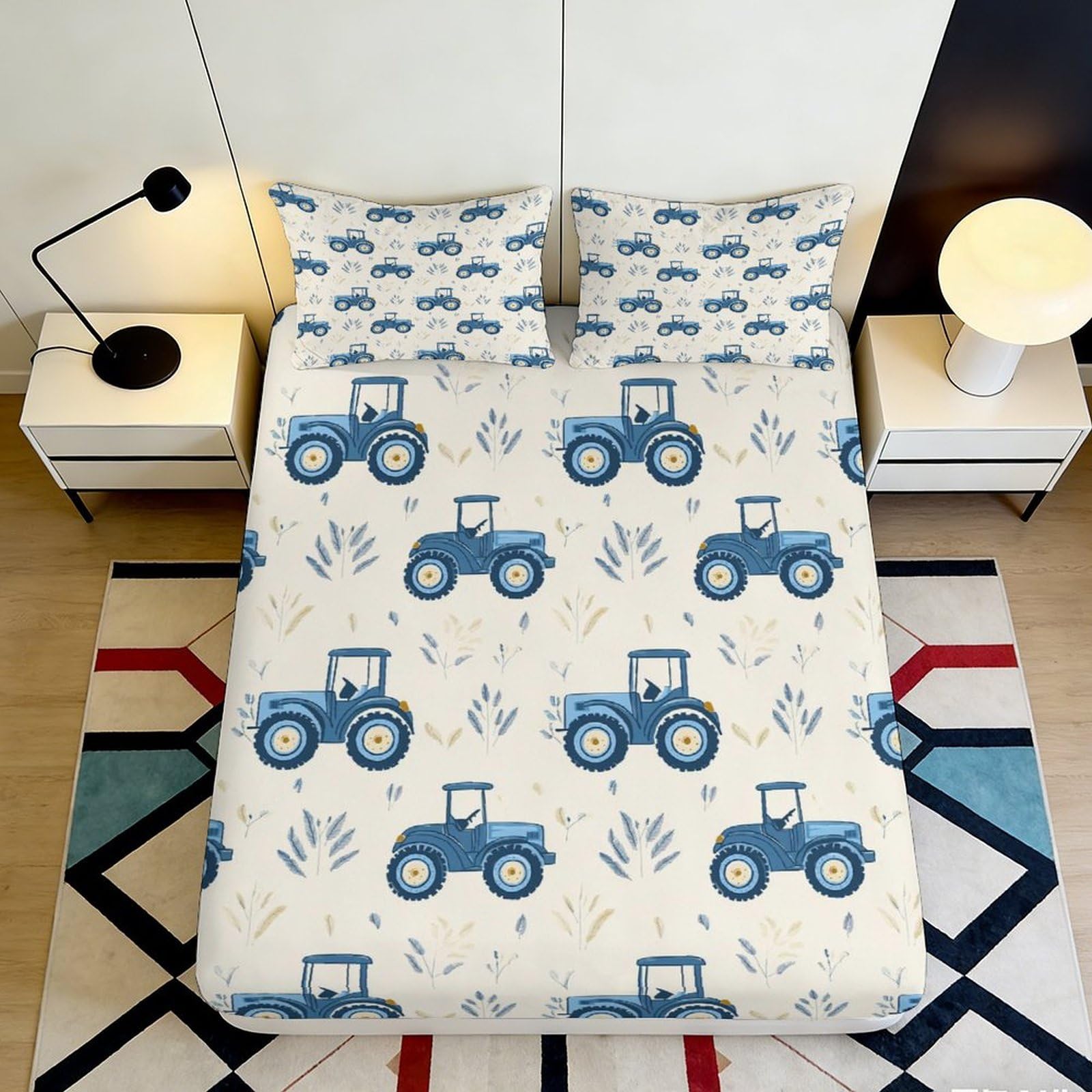 3D Printed Blue Tractor Fitted Sheet Microfiber Soft Anti-Slip Farm Field Mattress Cover for Bedroom Dorm Mattress Protection Decor 200x200x25cm