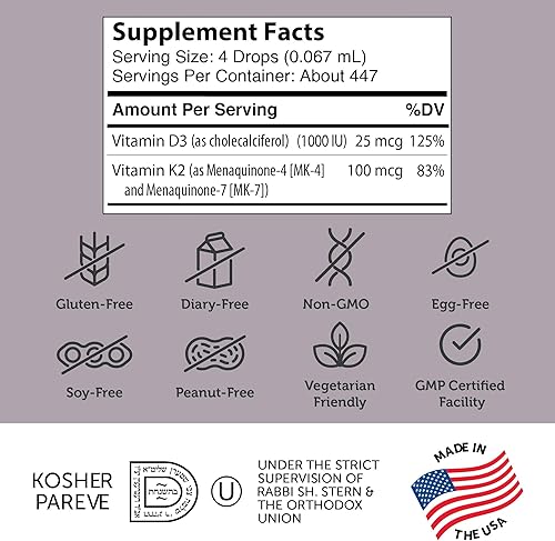 Miniatura 4 de Zahler Gotas de vitamina D3 K2, líquido D3 con K2, 1000 UI de vitamina D y 1000 mcg de K2 por porción, apoya la densidad ósea y la absoprción de