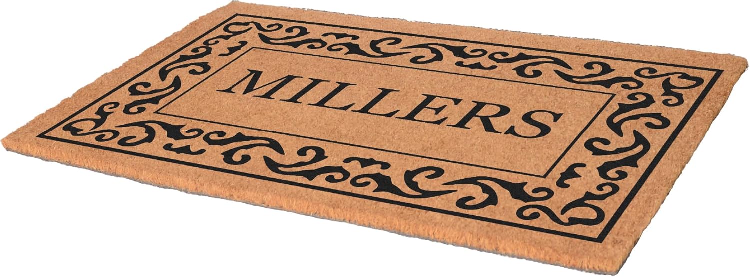 COCO MATS 'N MORE Coco Coir Door Mat – Personalized Outdoor Welcome Mat, Front Porch Mat with Vinyl Backing & Heavy-Duty Dirt-Trapping Bristles, (18" x 30" | Black | Rolling Scrolls | Made in USA)