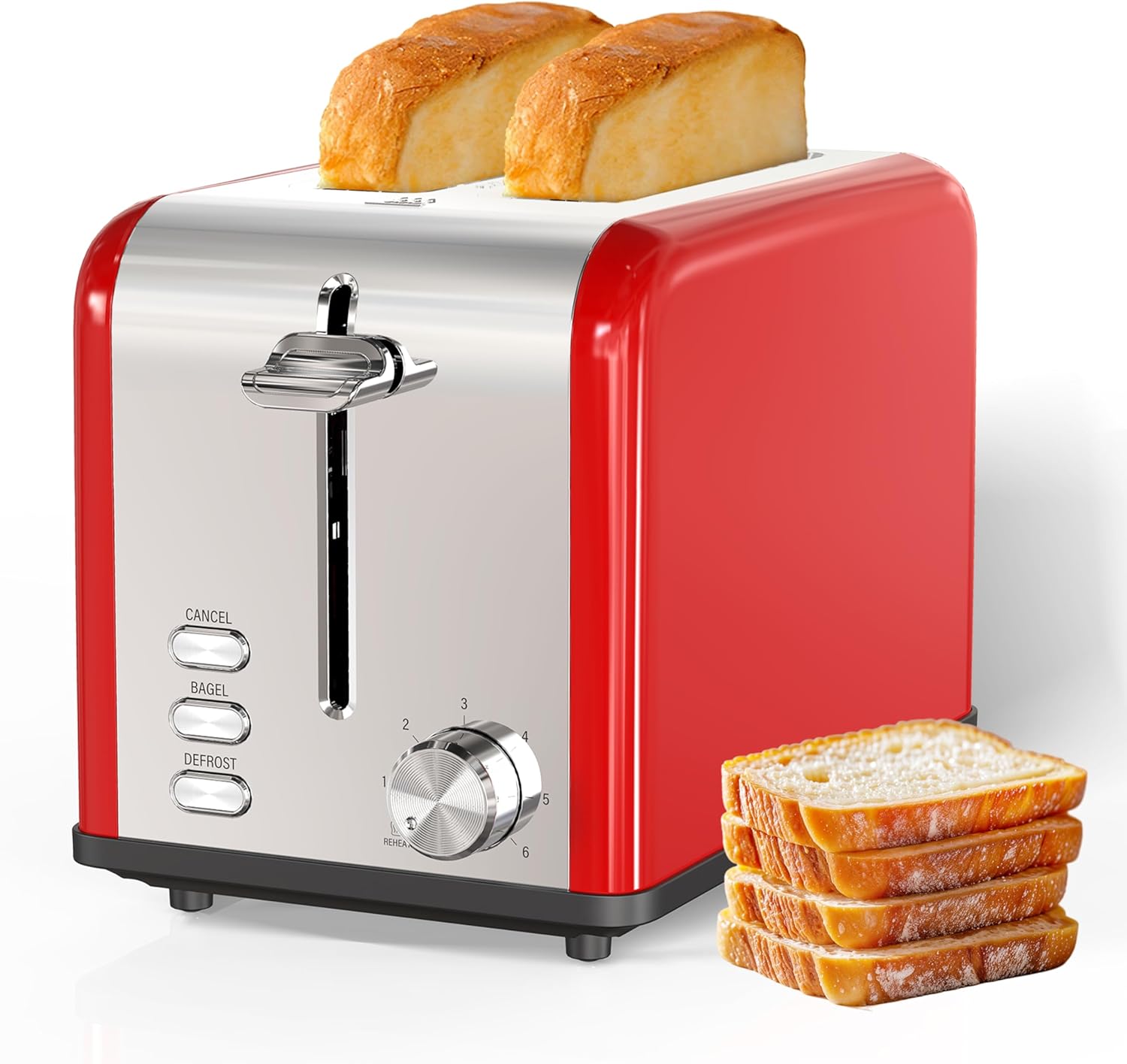 Simple Deluxe 2-Slice Toaster, Stainless Steel Toaster, 6 Browning Setting and 3 Function, Extra Wide Slot & Removable Crumb Tray, for Bread & Waffle, Red