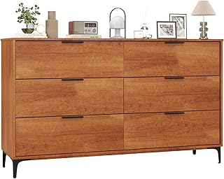 LOKO Mid Century Modern 6-Drawer Dresser, Wooden Chest of Drawers with Interlock System, 59" Wide Storage Dresser for Bedroom, Living Room, Hallway, Cherry